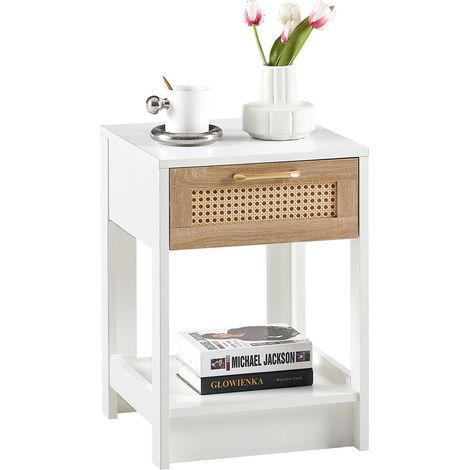 Table de chevet en résine tressée avec tiroir, meuble d’appoint MDF blanc et naturel pour chambre, salon ou bureau, design moderne pratique et facile à vivre  CHICFURN (1/5)