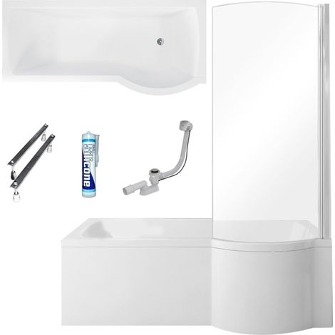 ECOLAM Baignoire d'angle en acrylique Inspiro 150x70 cm  version droite  tablier en acrylique  paroi en verre  pieds siphon et silicone  set complet  baignoire en acrylique blanc (1/5)
