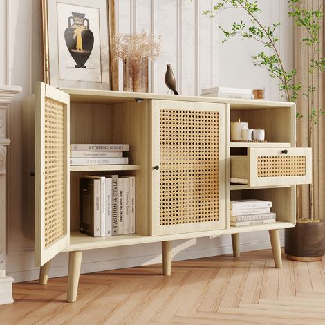 Aparador de cocina con 1 cajón y 2 puertas, ideal para salón o recibidor. mueble de almacenaje. Color natural. Medidas: 120 x 40 x 80 cm.