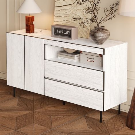 Buffet moderne et minimaliste — Doubles portes, doubles tiroirs, étagères ouvertes — Meuble de rangement multifonctionnel pour salon et salle à manger (1/5)