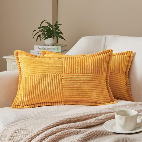 Housse de coussin 30x50 Jaune Rectangulaire Décoration Salon Chambre Enfant Lot de 2 Taie oreiller Côtelé en Velours Doux de Couleur Uni pour Canape Chaise Fauteuil de Bureau (1/5)