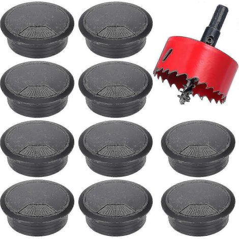 Lot de 10 passe-câbles de bureau, passage de câble de 60 mm avec 1 scie cloche, guide-câble rond noir (1/5)
