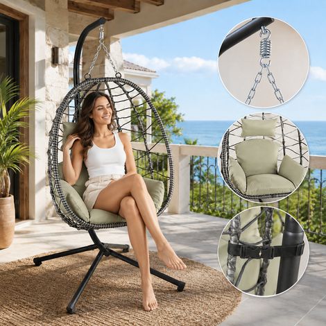 Makika Hängesessel mit Gestell höhenverstellbar aus Polyrattan in Grün / Grau