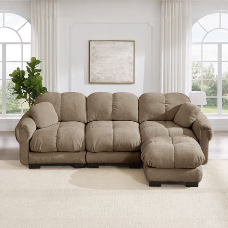 Divano Cloud a L per 3 persone, incluso pouf mobile e 2 piccoli cuscini decorativi, design trapuntato fine, cuscini di seduta spessi, morbidi e di supporto, facile da montare, adatto per il soggiorno, (1/5)