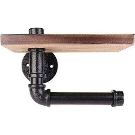 Porte-papier toilette Étagère murale décorative - Style industriel - Tuyau en acier - Avec étagère en bois pour décoration de salle de bain (1/5)