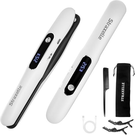 2 en 1 Mini Lisseur Sans Fil de Voyage, 175°C-215°C Fer à Lisser et Boucleur Sans Fil, 5000mAh Rechargeable Lisseur Cheveux avec écran LED, Chauffe Rapide pour Femmes et Hommes (Blanc) (1/5)