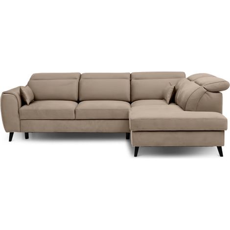 Canapé d’angle convertible NOBLESSE en velours avec coffre et pieds en bois noir – 265cm angle droit-Marron-angle droit