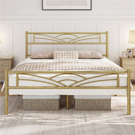 Yaheetech – Lit double en métal 140x200cm – Cadre robuste avec tête de lit stylée – Espace de rangement sous le lit – Or antique