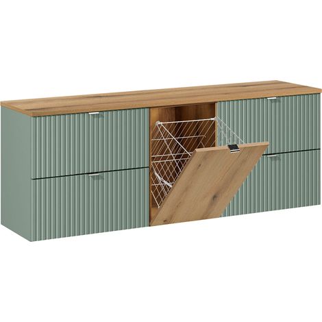 Mueble bajo lavabo 160cm Verde Jade y cesto de ropa de madera (1/4)