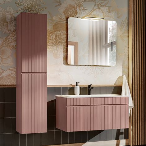 Conjunto mueble lavabo individual encastrado de 100cm y columna Zelie Rosado (1/5)