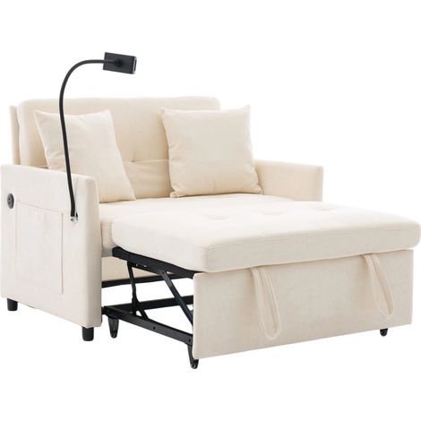 Divano letto singolo pieghevole multifunzione beige con USB e supporto tablet (1/5)