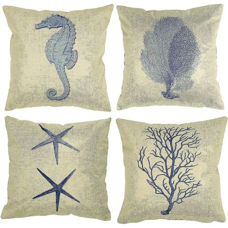 Lot 4 Housses Coussin Lin Durable Bleu Océan Marin Hippocampe Corail Étoile Mer Algue Déco Maison Café Été 45x45 cm (1/5)