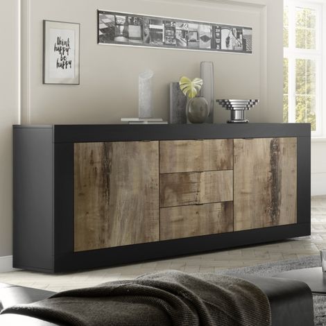 Buffet bas 2 portes - 3 tiroirs noir et bois 210cm CALIA (1/5)