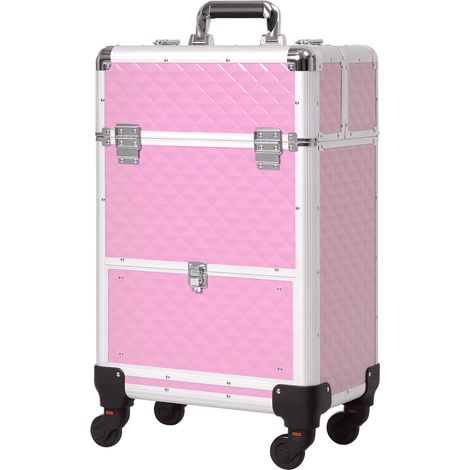 Valise rose à roulettes pour maquillage avec tiroir 34x25x62 cm pour voyage et travail, rangement design tendance pour professionnel de beauté pratique et mobile