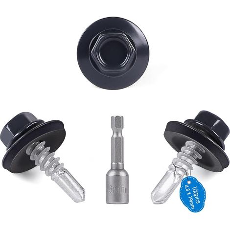 Lot de 100 Vis autoperceuse métal Ø4.8x19 mm Tête de rondelle hexagonale peinte vis en tôle Vis autoperceuses peintes avec rondelles EPDM et clé à douille M8 pour plus fixation (Gris RAL 7016) (1/5)