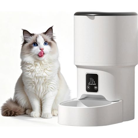Distributeur automatique 4L chiens/chats – 6 repas/jour, portions ajustables, double alimentation, bol inox, anti-humidité 18×29×28 cm - Blanc (1/5)