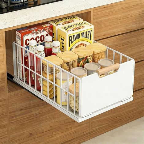 Kitchen Sliding Drawer, Deep Drawer Organizer with Drawer Slides and Wooden Handle, Telescopic Pull Metal for Kitchen Cabinets Organizer - 40x25×18CM (1/5)