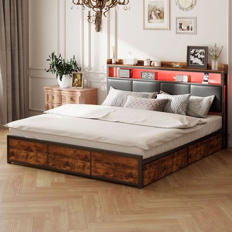 Lit 140x200 cm aus Metall, Bettgestell, Bett für 2 Personen, Schwarz, Doppelbett mit 4 Schubladen aus PU, Lattenrost aus Metall