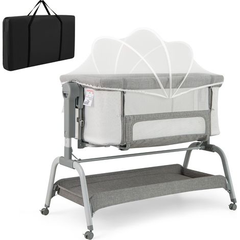 Lit bébé de voyage gris réglable en hauteur avec matelas, moustiquaire amovible et roulettes verrouillables pour chambre et voyage (1/5)