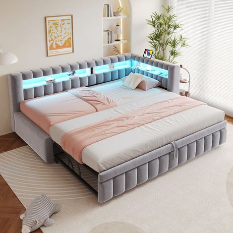 Modernluxe - Canapé-lit capitonné 90x200cm - avec lumière LED - avec port de chargement USB - tissu velours - gris clair (sans matelas) (1/5)
