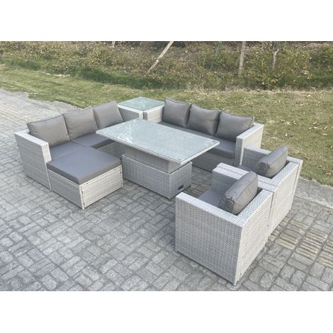 Fimous Salon de Jardin Exterieur Table à manger réglable en hauteur ave canapé 2 Fauteuil Table d'appoint Grand Tabourets Gris Clair (1/5)