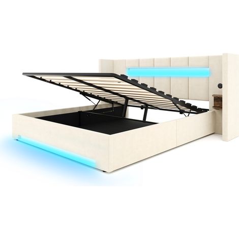 Cama con almacenaje de terciopelo beige 160 x 200 cm con USB, LED y almacenamiento (1/5)
