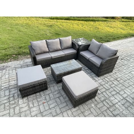 Fimous Salon de jardin 7 places Ensemble de canapés en rotin avec Canapé d'amour Table basse 2 Grand tabourets Table d'appoint Gris foncé mixte (1/5)