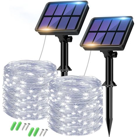 Solar Lichterkette Aussen, 2x8M 80 LED Solarlichterkette Außen Wetterfest 8 Modi IP65 Wasserdicht Kupferdraht Lichterkette Außen Solar Outdoor für Garten Terrasse Baum Hof Party (Kaltweiß) (1/5)
