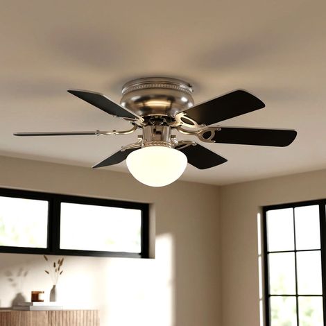 Ventilatore da soffitto Lampada da soffitto Lampada da soggiorno Ritorno in avanti, pale reversibili Interruttore a strappo, vetro nichel opaco, 1x E27, DxH 76 x 28 cm