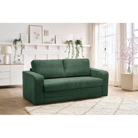 Bobochic – Canapé droit convertible 2 places – Velours côtelé vert – Longueur de couchage 195 cm – Largeur de couchage 127 cm – Style moderne (1/5)