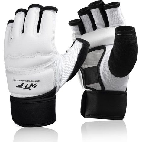Gants de MMA,Faux Cuir Gants D'entraînement sans Doigts Gants UFC, Protection du Poignet Gants avec Ajustable Le Velcro pour La Formation Kickboxing Muay Thaï Arts Martiaux Mixtes,Blanc,XL