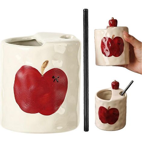 Mug à café original en céramique avec paille, décoré d'un joli graffiti de pomme, cadeau idéal pour les amateurs de café. (1/5)