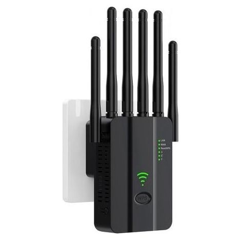 2,4-GHz-Single-Band-WLAN-Repeater – 300-Mbit/s-WLAN-Verstärker mit 6 Antennen, 2 Gigabit-LAN-Anschlüssen, WPS-Ein-Tasten-Bedienung – Kompatibel mit allen Internet-Routern – Für den Innen- und Außenber (1/5)