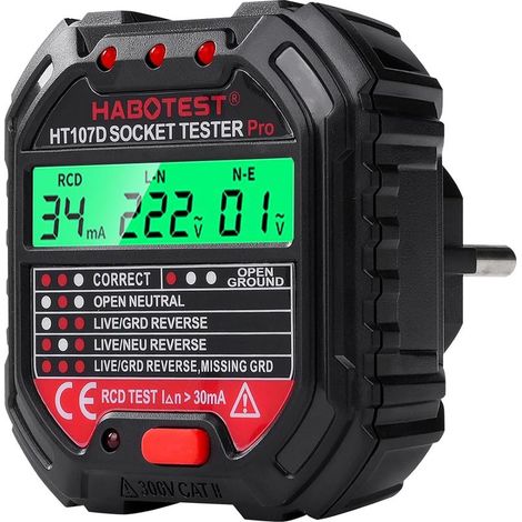 Testeur de Prise Electrique avec Test RCD, Automatique 6 Types de Diagnostic d'Erreur, Testeur de Circuit Electrique Courant pour Détectez Erreurs des Câblages, 90-250V/45-65Hz, CAT ll 300V (1/5)