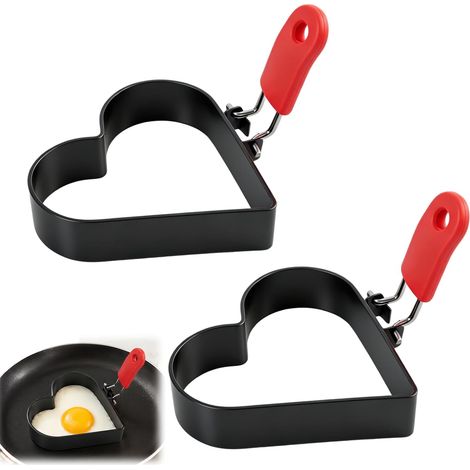 2 Eierformen aus Edelstahl, antihaftbeschichtet, herzförmig, mit Griffen, hitzebeständig, für Frühstück, Pfannkuchen, Burger, Küchenzubehör (1/5)