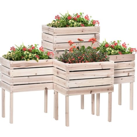 Lot de 4 bacs surélevés pour plantes et herbes aromatiques, jardinières hautes empilables en bois clair avec doublure plastique drainante, CHICFURN (1/5)