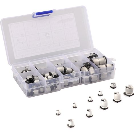 Lot de 180 condensateurs électrolytiques aluminium CMS 16-50V 1uF à 1000uF 10 valeurs kit assortiment avec boîte plastique (1/5)