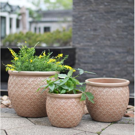 Pot de fleur en céramique Ø 23 cm, beige brillant à relief de pièces OKMYHOME (1/5)