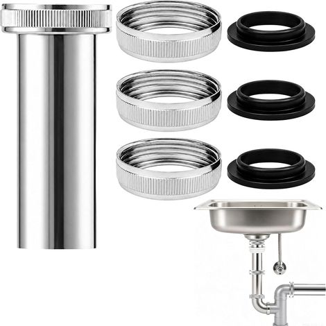 Rallonge de siphon en acier inoxydable G1-1/4 de 120 mm, tuyau d'eau universel, pour applications de siphon, avec 2 joints d'étanchéité, rallonge pour canalisations de machine à laver, évier de (1/5)
