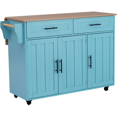 Îlot de cuisine sur roulettes avec plateau rabattable en bois massif imitation bois clair, meuble de rangement bleu clair 129x71x91,5 cm (1/5)