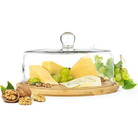 1 Cloche à fromage, Verre soufflé, Planche à découper 28 cm, Bois massif, Pour apéritif