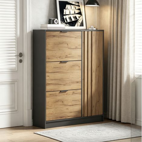Schuhschrank 100 x 30 x 130 cm aus MDF, 3 Kippfächer, 1 Tür, Natur und Schwarz, OKMYHOME (1/5)