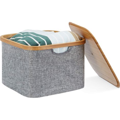 Panier de rangement Boîte Plastique, boîte de rangement avec couvercle, Corbeille Plastique, dimensions : 25 x 33 x 33 cm, Grey Couvercle Bambou, bambou, gris, 33 x 33 x 25 cm (1/5)