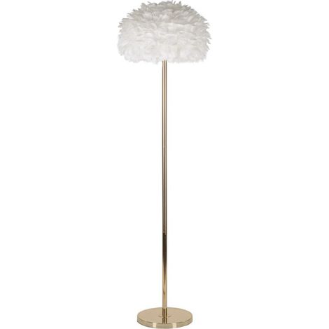 Lampada da terra Feathers Slim bianca e oro in metallo con paralume in tessuto