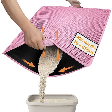 Cat Litter Mat, 76 x 55 cm, Double Layer Honeycomb Mat, Waterproof, Washable, Non-Slip, Urine Resistant Mat for Cats, Pink (1/2)