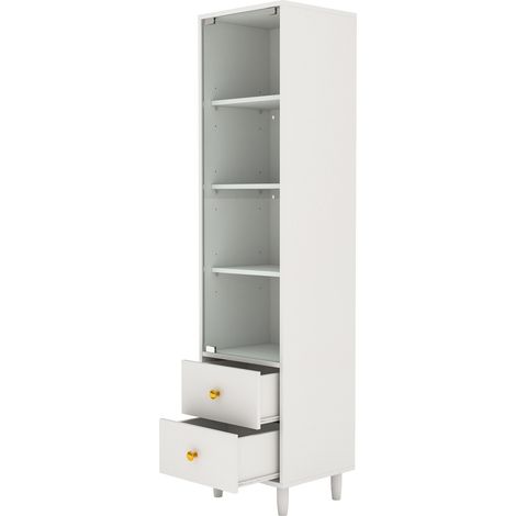 Vitrine blanche avec LED, 2 tiroirs et portes vitrées, meuble de rangement moderne H165 x P35 x L40 cm (1/5)