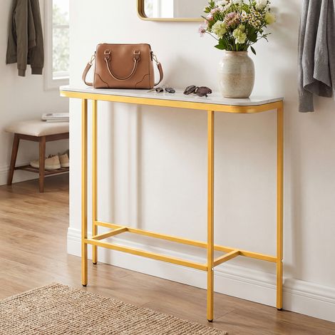COSTWAY Marble Console Table with Gold Steel Frame 110x30cm Adjustable Feet White (1/5)