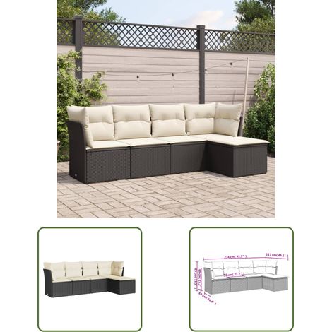 The Living Store 5-tlg. Garten-Sofagarnitur mit Kissen Schwarz Poly Rattan - Gartenmöbel Set - PE-Rattan Möbel - Outdoor Sofa - Lounge Garnitur - Esstischgarnitur (1/3)