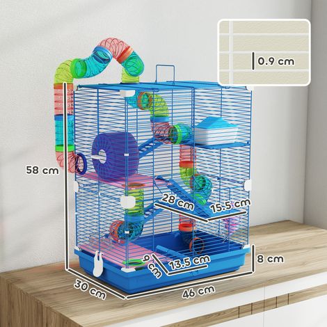Cage pour hamster à cinq niveaux avec tubes, roue d'exercice, échelle, maison et biberon, 46 x 30 x 58 cm (1/5)