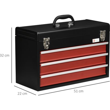Coffre à outils pratique sans outils, 3 tiroirs, poignée, serrure en acier, noir et rouge, caisse de rangement robuste (1/5)